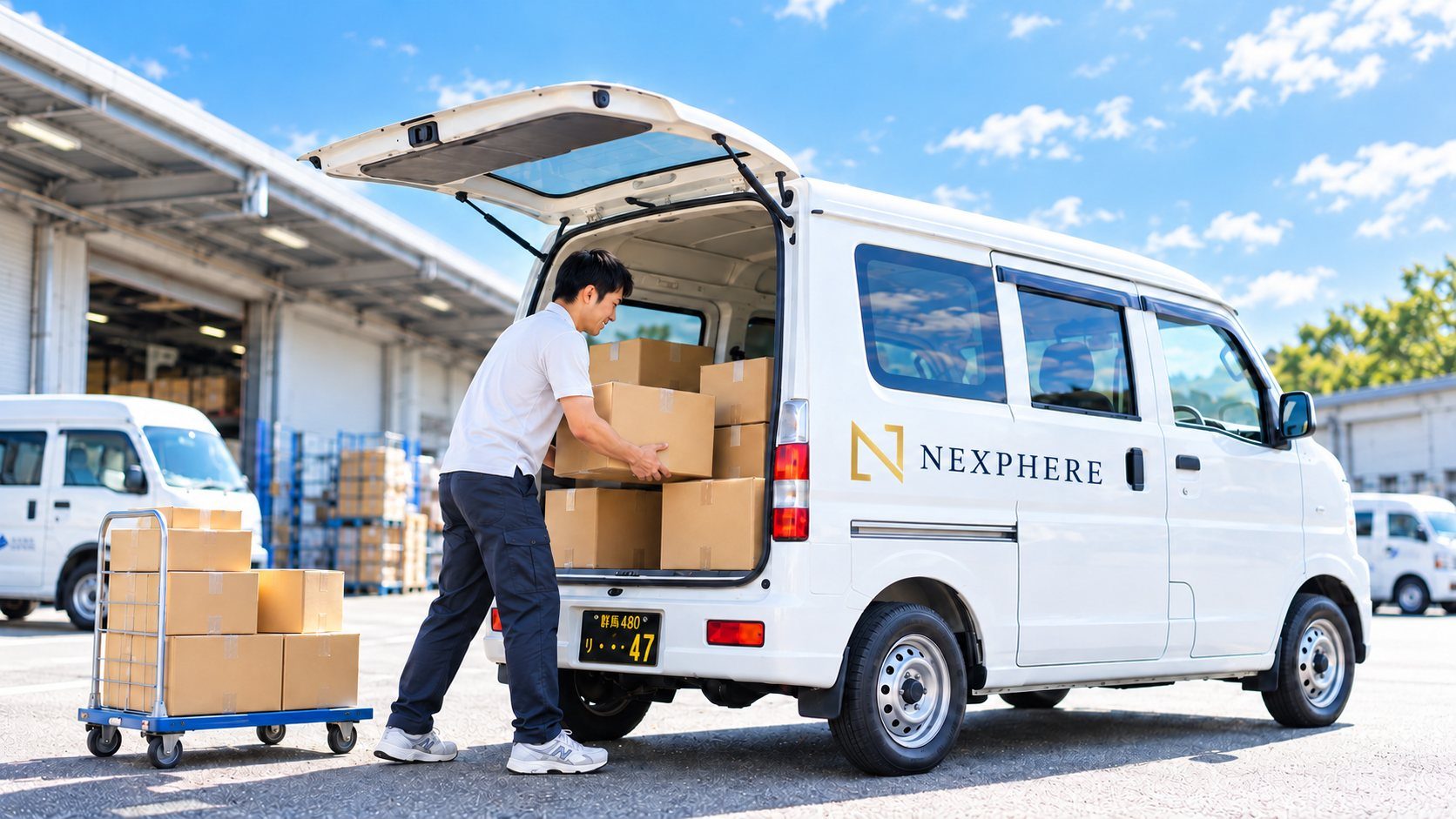 軽バンに荷物を積み込むNEXPHEREの配送スタッフ
