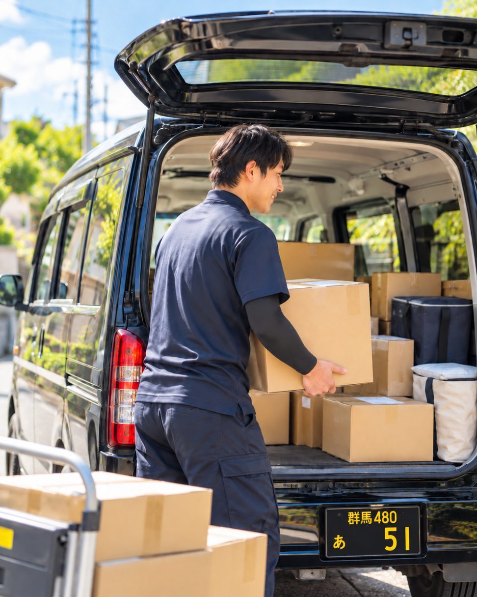 黒い軽バンの荷室から荷物を運び出す配送スタッフ