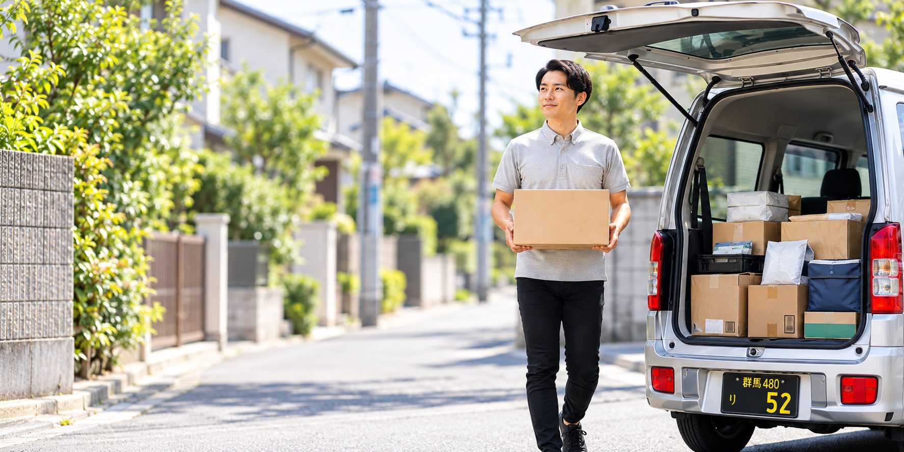 住宅街で配送準備をする軽貨物ドライバー